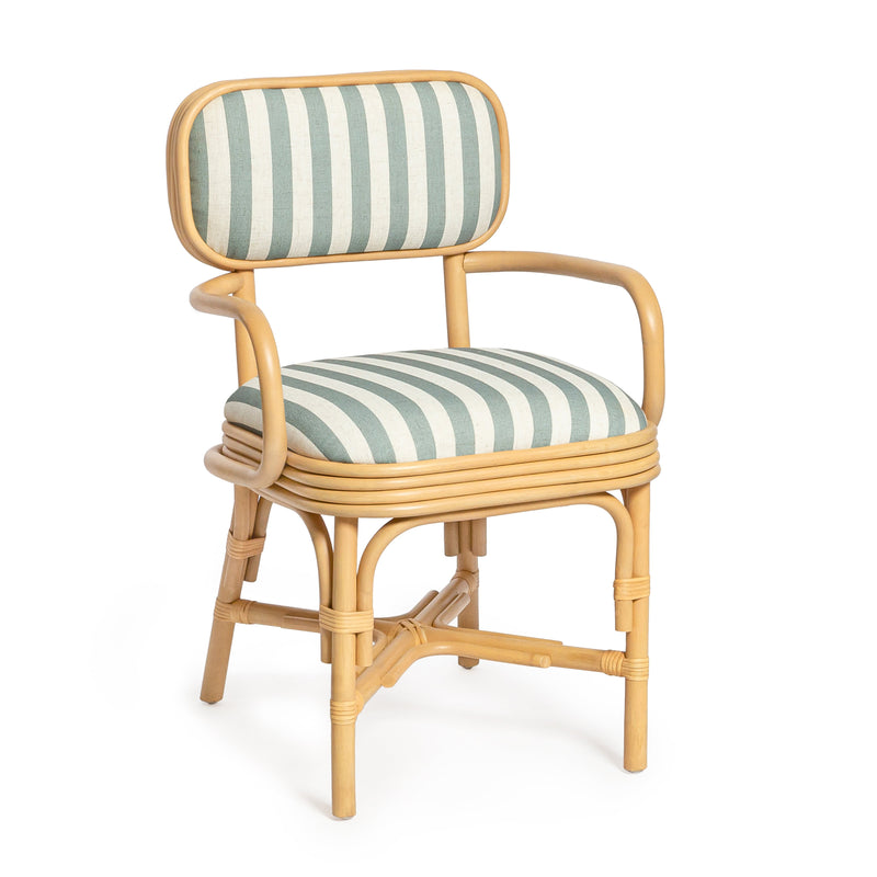 Dorine Striped Performance Linen &amp; Rattan Dining Armchair - Mint Green