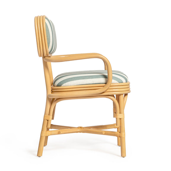 Dorine Striped Performance Linen &amp; Rattan Dining Armchair - Mint Green