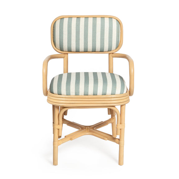 Dorine Striped Performance Linen &amp; Rattan Dining Armchair - Mint Green