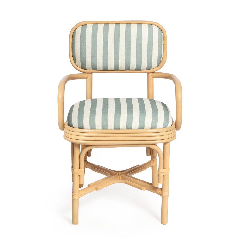 Dorine Striped Performance Linen &amp; Rattan Dining Armchair - Mint Green