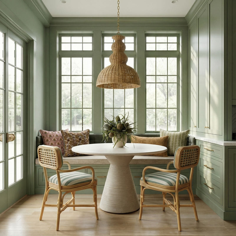 Dorine Striped Performance Linen &amp; Rattan Dining Armchair - Mint Green