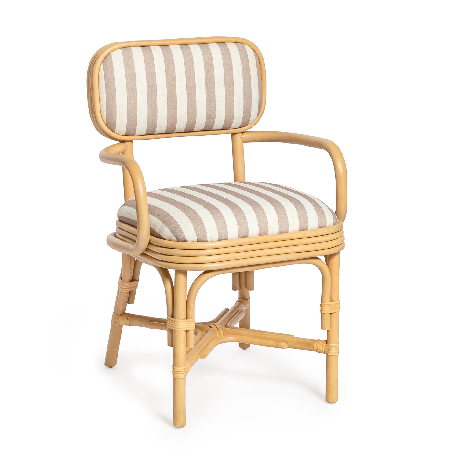 Dorine Striped Performance Linen &amp; Rattan Dining Armchair - Khaki