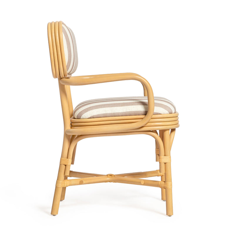 Dorine Striped Performance Linen &amp; Rattan Dining Armchair - Khaki