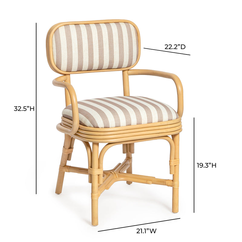 Dorine Striped Performance Linen &amp; Rattan Dining Armchair - Khaki