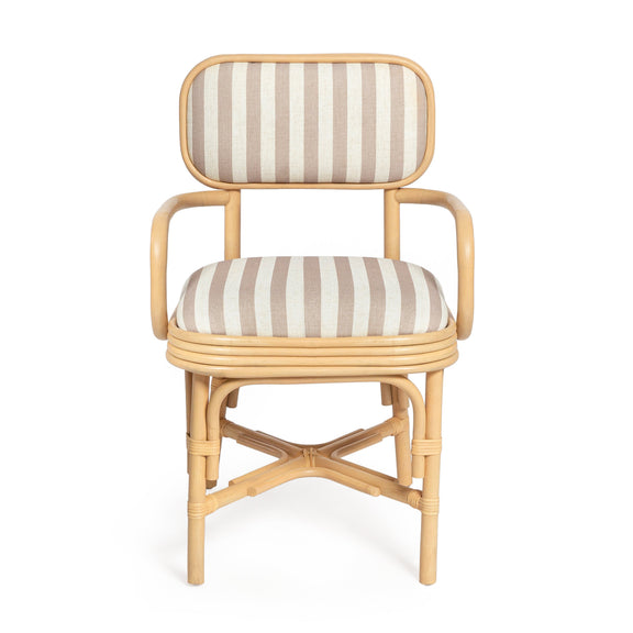 Dorine Striped Performance Linen &amp; Rattan Dining Armchair - Khaki