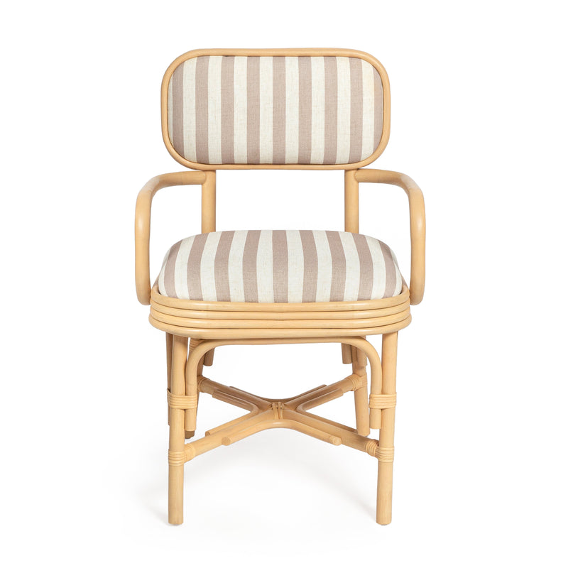 Dorine Striped Performance Linen &amp; Rattan Dining Armchair - Khaki