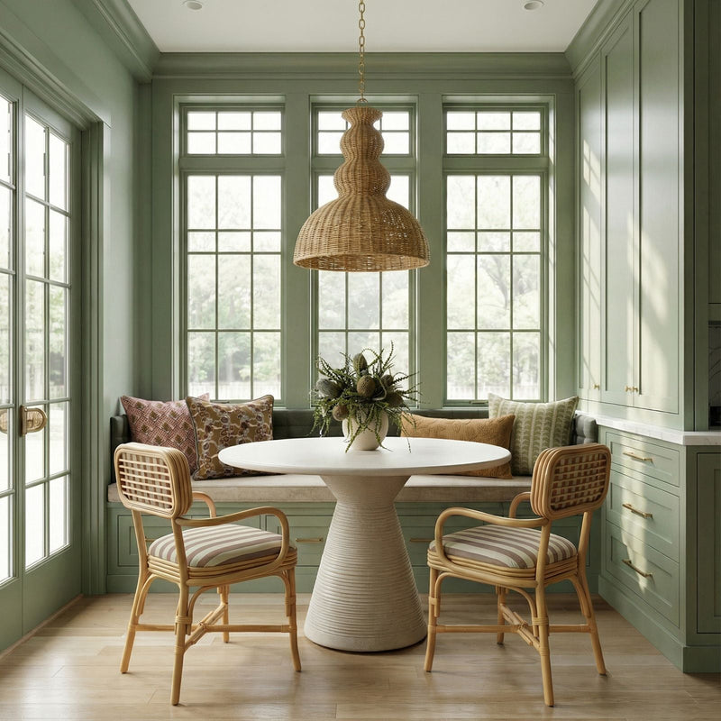 Dorine Striped Performance Linen &amp; Rattan Dining Armchair - Khaki
