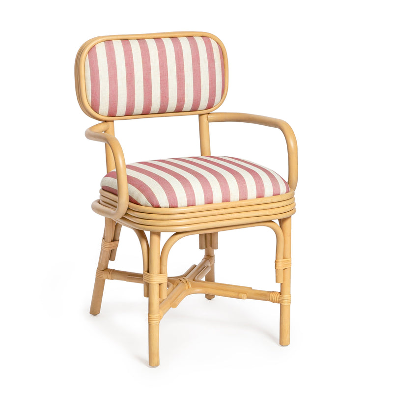 Dorine Striped Performance Linen &amp; Rattan Dining Armchair - Cherry