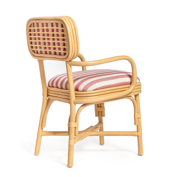 Dorine Striped Performance Linen &amp; Rattan Dining Armchair - Cherry