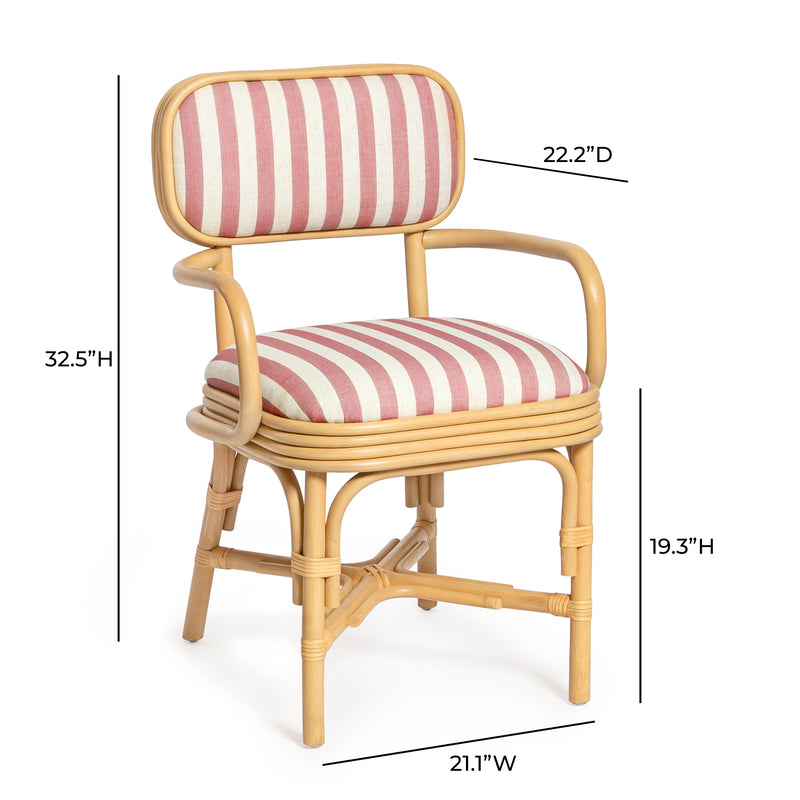 Dorine Striped Performance Linen &amp; Rattan Dining Armchair - Cherry