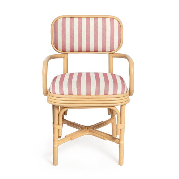 Dorine Striped Performance Linen &amp; Rattan Dining Armchair - Cherry