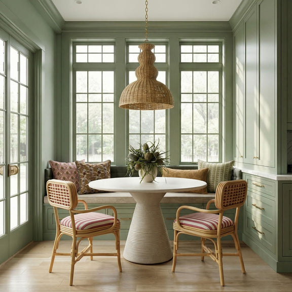 Dorine Striped Performance Linen &amp; Rattan Dining Armchair - Cherry