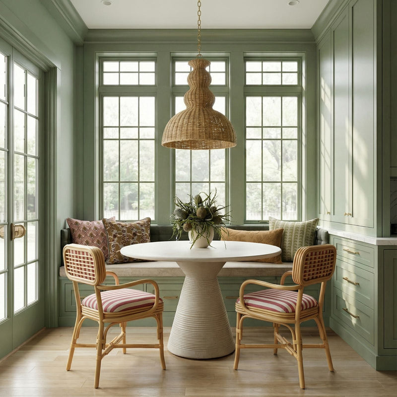 Dorine Striped Performance Linen &amp; Rattan Dining Armchair - Cherry