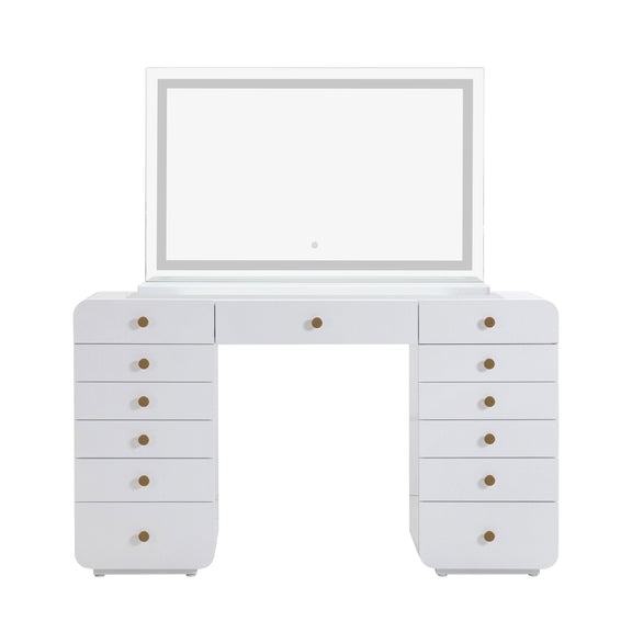 Hollywood 56" White Desk with LED Panel Vanity Mirror - Large