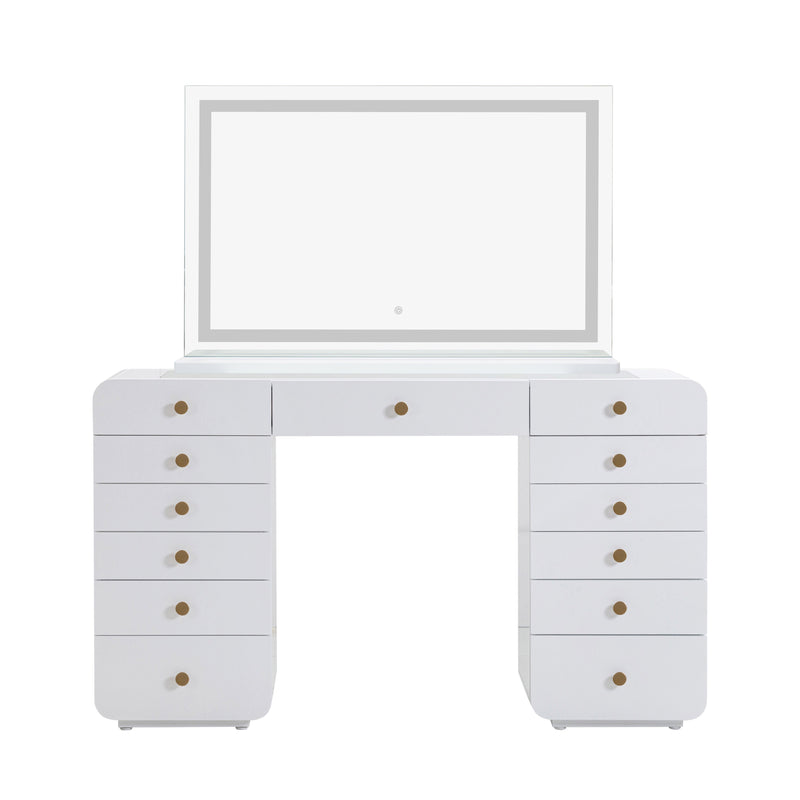 Hollywood 56" White Desk with LED Panel Vanity Mirror - Large