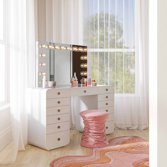 Hollywood 56" White Desk with Vanity Mirror - Small