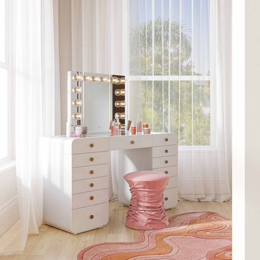 Hollywood 56" White Desk with Vanity Mirror - Small