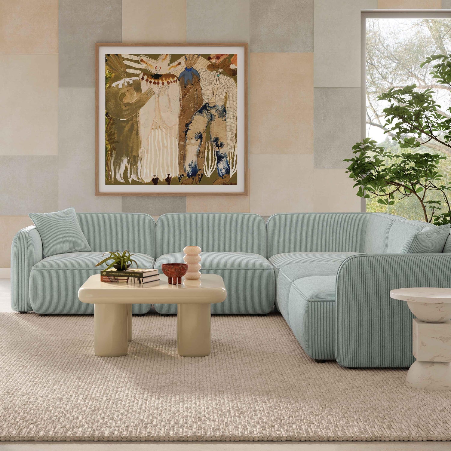 Travie Sea Blue Performance Corduroy Velvet Modular L-Sectional