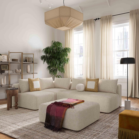 Hangover Cream Heavy Textured Fabric Ottoman