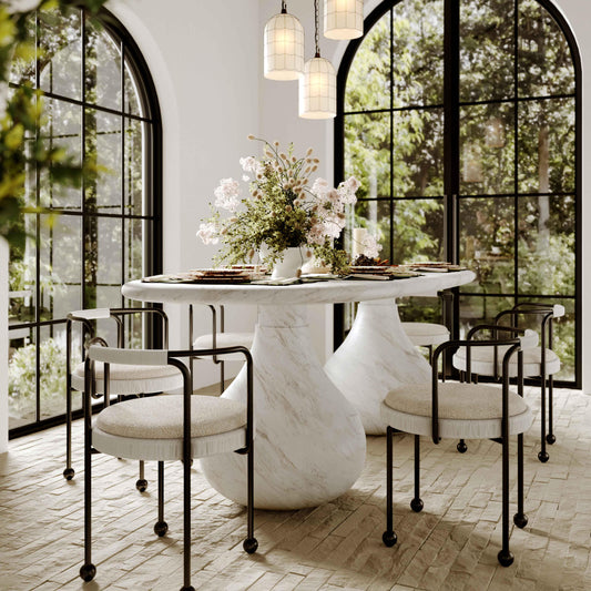 Smooch White Faux Marble Print Indoor / Outdoor 87 inch Oval Dining Table