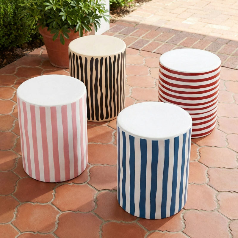 Tempest Indoor/Outdoor Ceramic Table in Stripes - Pink Stripes