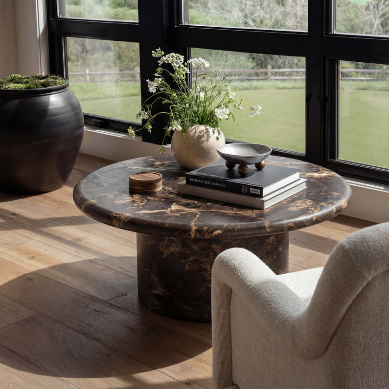Byron 36" Dark Brown Faux Marble Indoor/Outdoor Concrete Round Coffee Table
