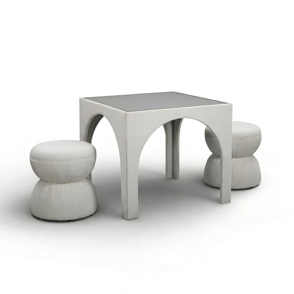 Tomlin Performance Chenille Game Table and Two Ottomans Set - Cream