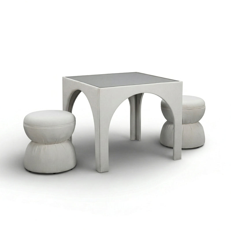 Tomlin Performance Chenille Game Table and Two Ottomans Set - Cream