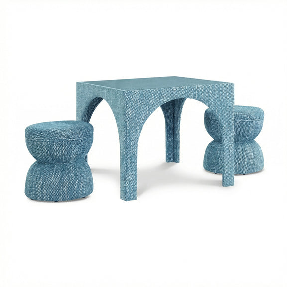 Tomlin Performance Chenille Game Table and Two Ottomans Set - Teal