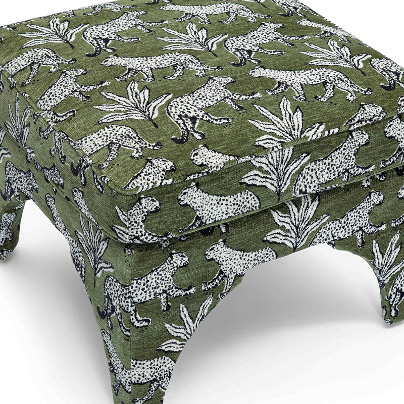 Raji Olive Green Leopard Jacquard Ottoman