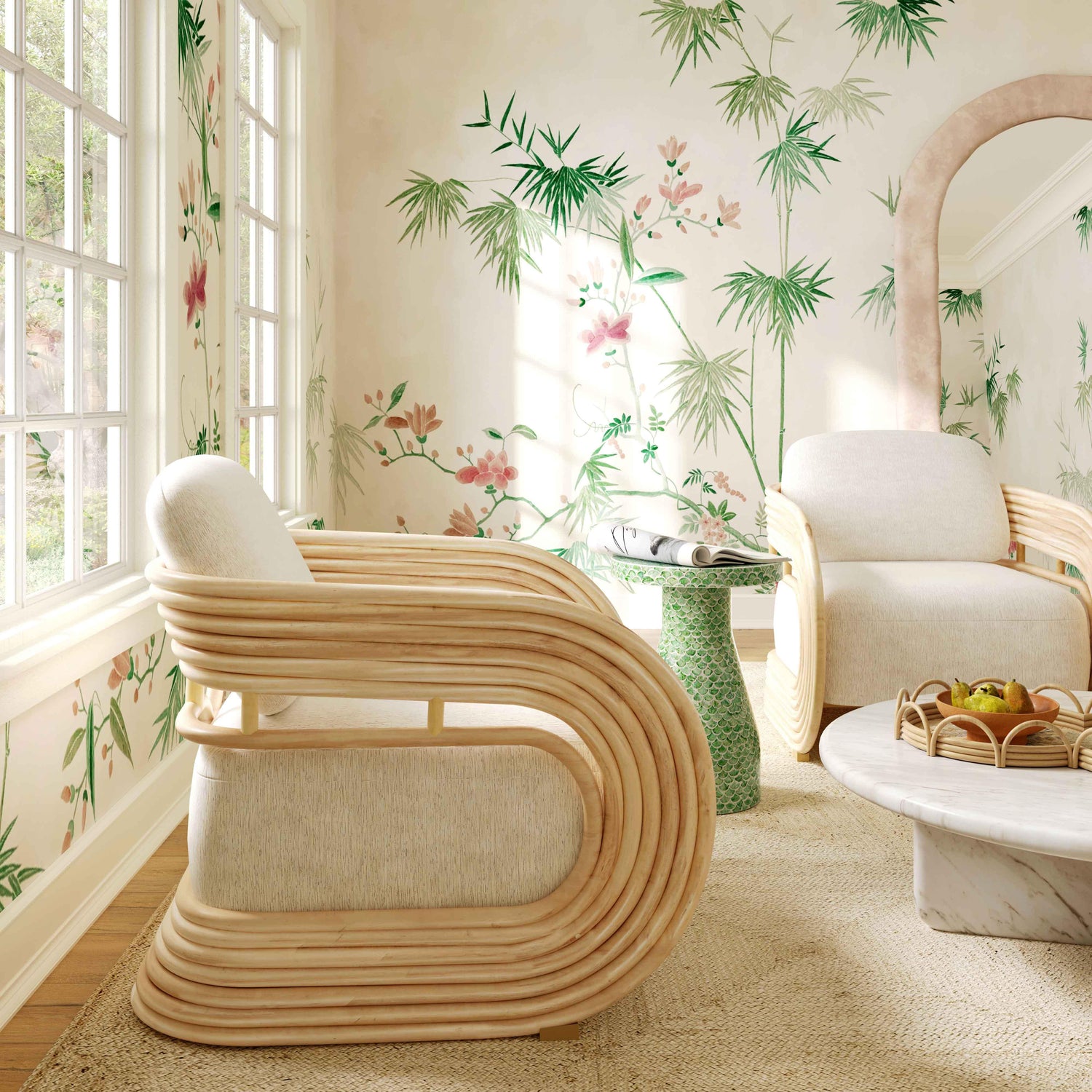 Lauretta Cream Fabric and Natural Rattan Accent Chair