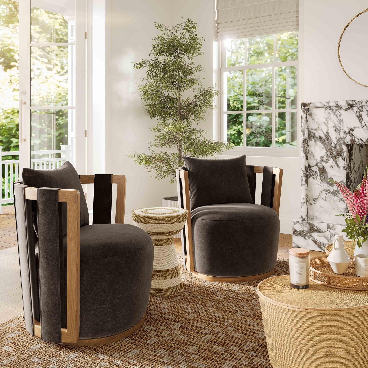 Paolo Chocolate Brown Upcycled Fabric Swivel Chair