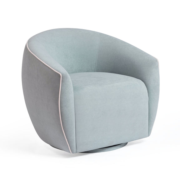 Jordan Contrast Piping Performance Velvet Swivel Accent Chair - Baby Blue/Cream