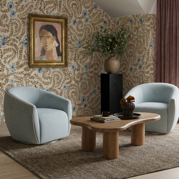 Jordan Contrast Piping Performance Velvet Swivel Accent Chair - Baby Blue/Cream