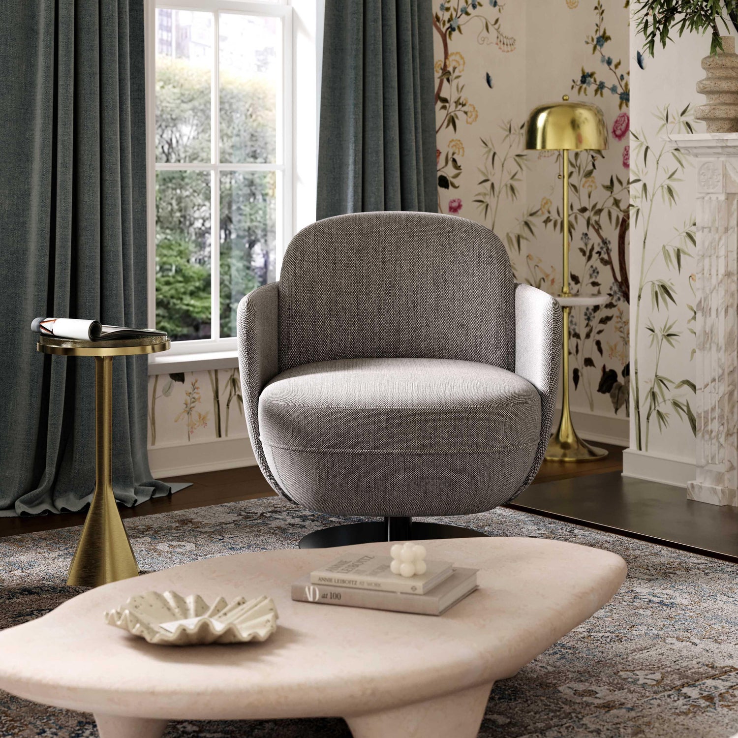Solange Grey Textured Weave Swivel Chair