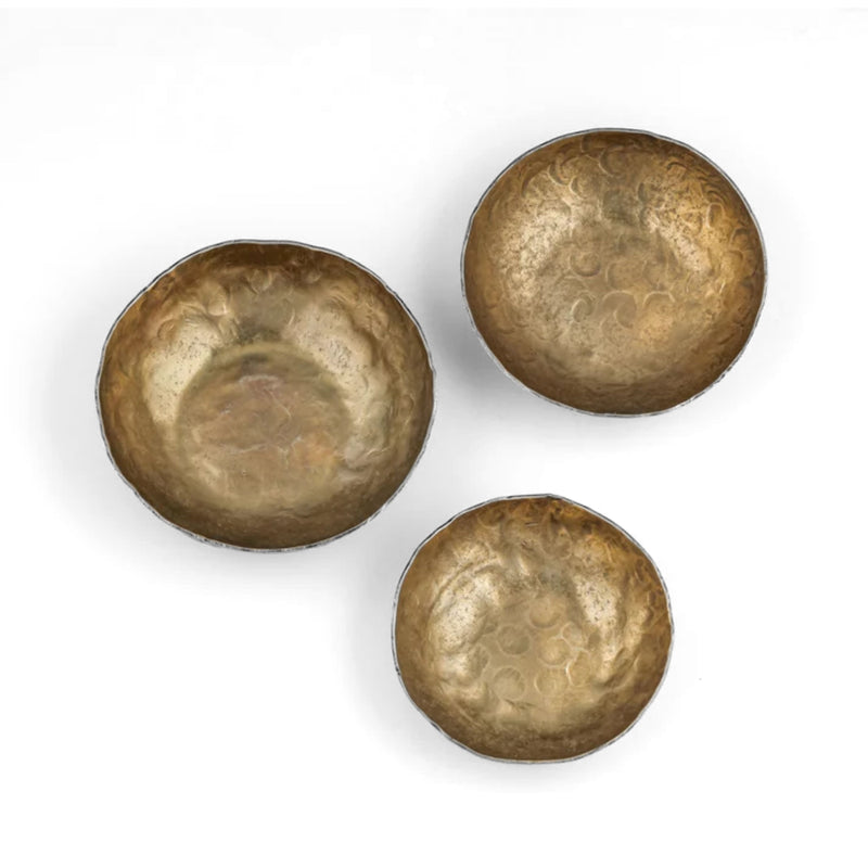Shah Antique Brass Hammered Iron Catchall Round Bowls - Set of 3