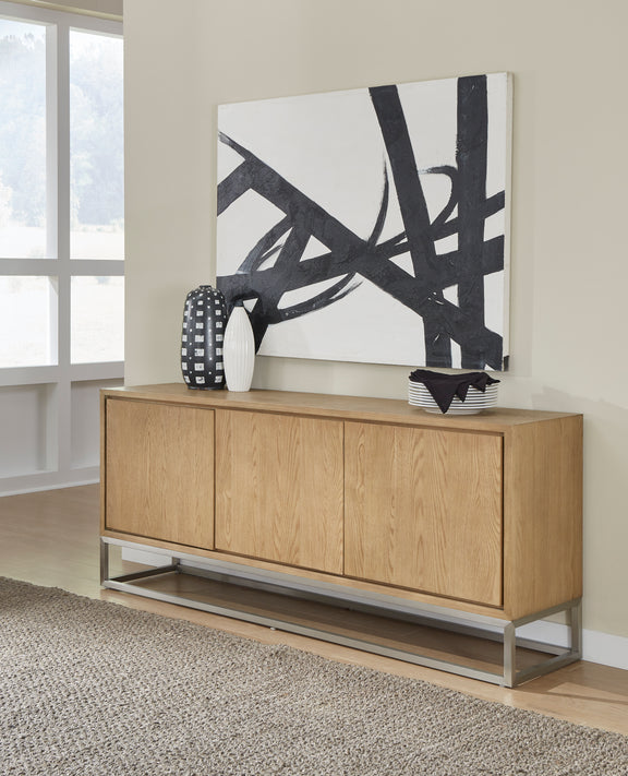 One Modern Coastal Metal Base Sideboard in White Oak and Brushed Stainless Steel