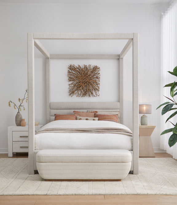 Rockford Full-size Upholstered Canopy Bed in Turtle Dove Linen (2026)