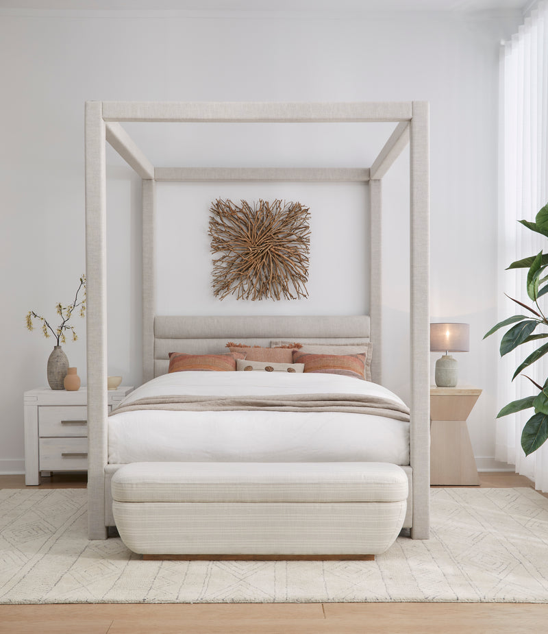 Rockford California King-size Upholstered Canopy Bed in Turtle Dove Linen (2026)