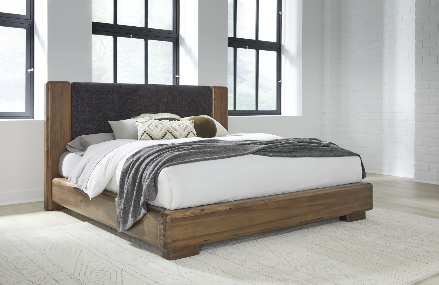 Boka Full-size Chenille Upholstered Acacia Wood Platform Bed in Black and Impala