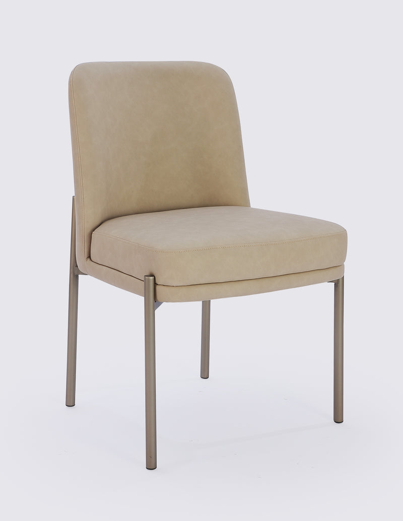Dion Upholstered Dining Chair in Camel Synthetic Leather and Brushed Nickel Metal