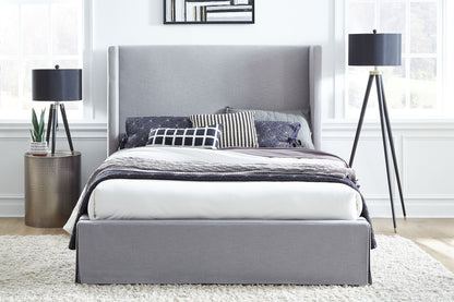 Cresta Upholstered Skirted Storage Panel Bed in Fog