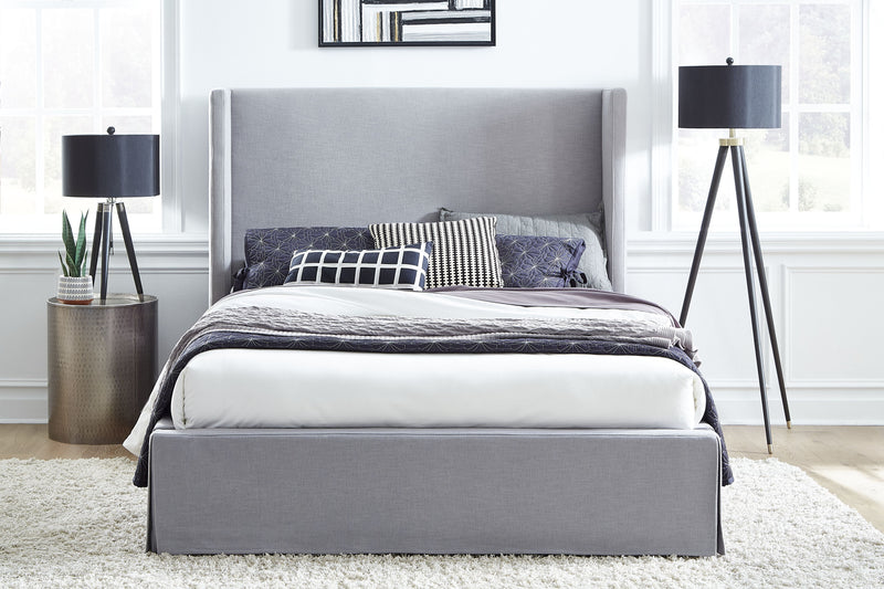 Cresta California King-Size Upholstered Skirted Storage Panel Bed in Fog