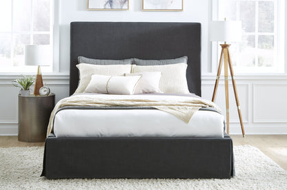 Cheviot Upholsterd Skirted Storage Panel Bed in Iron
