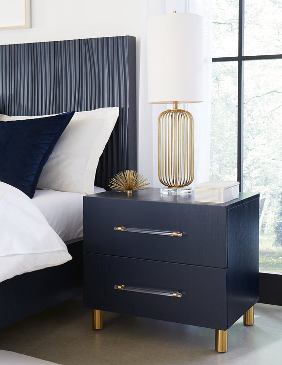 Argento Two Drawer USB Charging Nightstand in Navy Blue and Burnished Brass