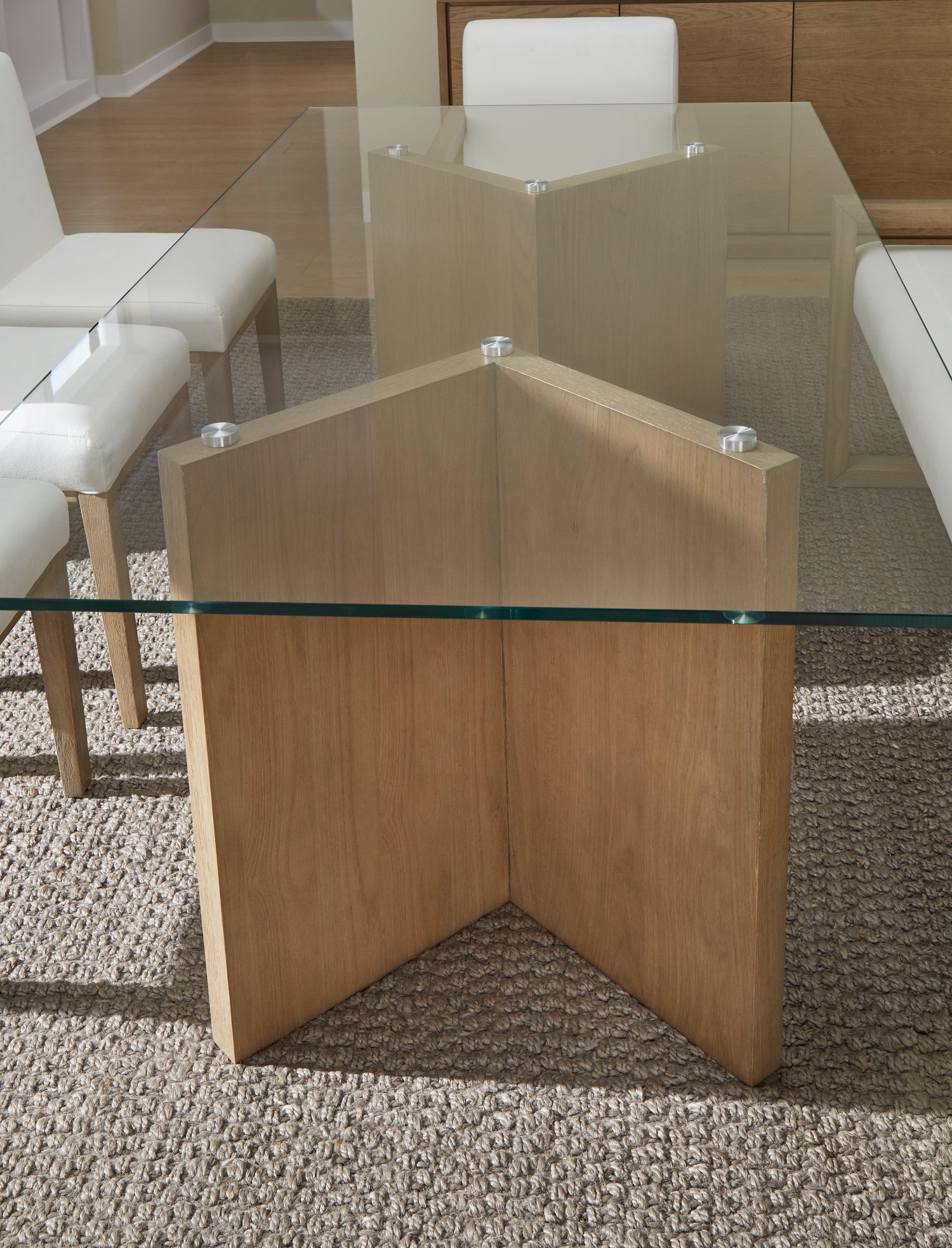 One Modern Coastal Glass Top Dining Table in White Oak