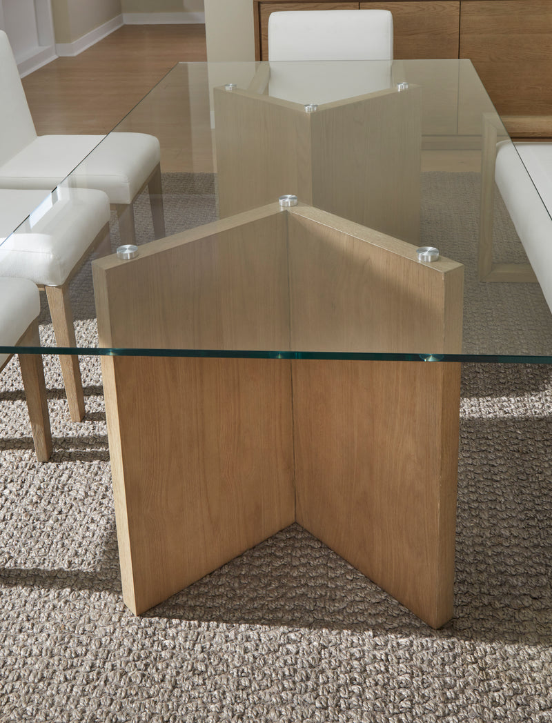 One Modern Coastal Glass Top Dining Table in White Oak