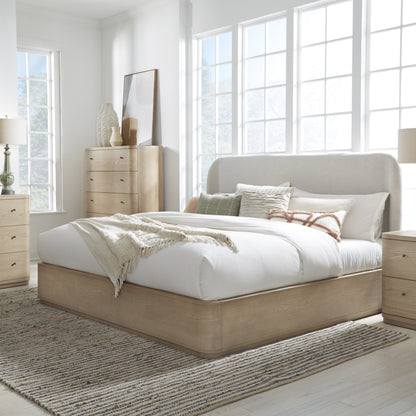 Penny Linen Upholstered Platform Bed in Buff Cream Oak