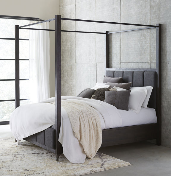 Lucerne Queen-Size Upholstered Canopy Bed in Vintage Coffee