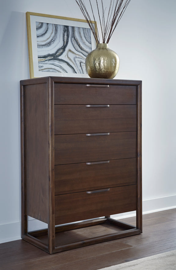 Sol Five Drawer Acacia Wood Chest in Brown Spice